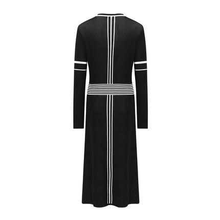 Knit Dress – Black & White Stripes – Round Neckline – Elegant Midi A-Line