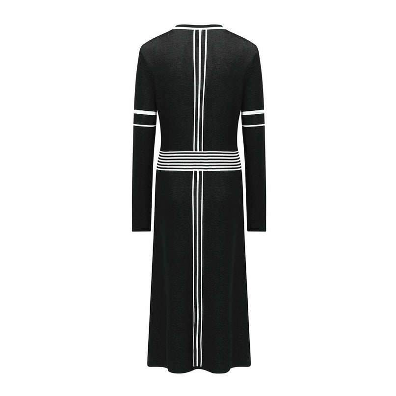 Knit Dress – Black & White Stripes – Round Neckline – Elegant Midi A-Line