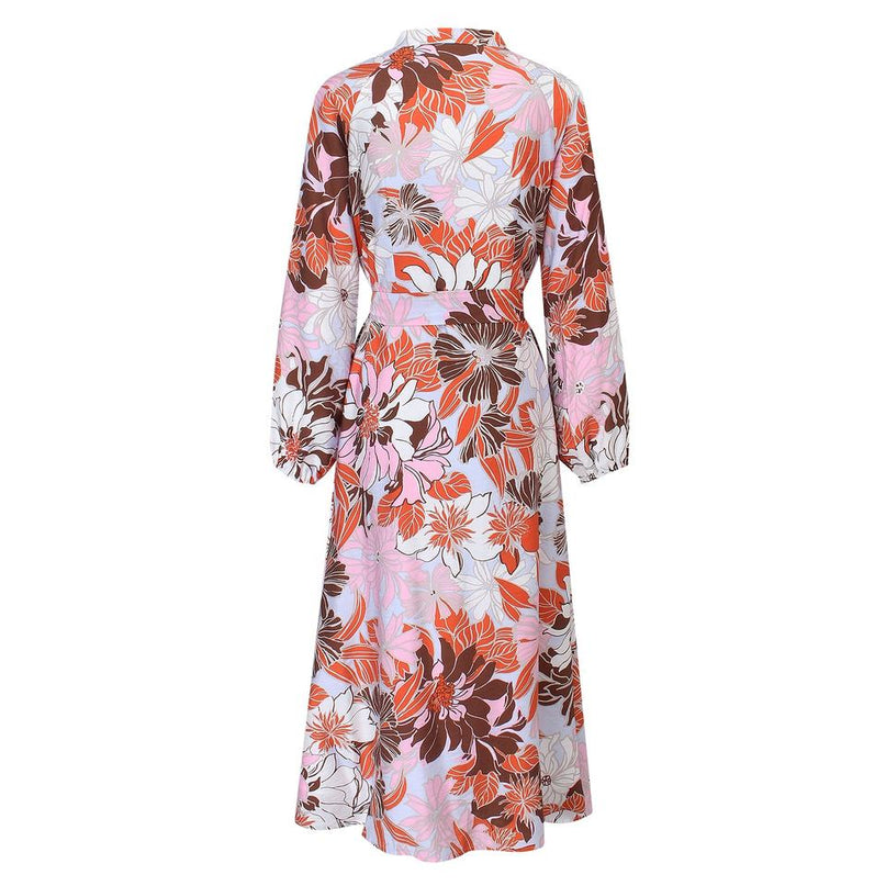 Maxi Dress – Red Floral Print – Round Neckline – Elegant A-Line Style