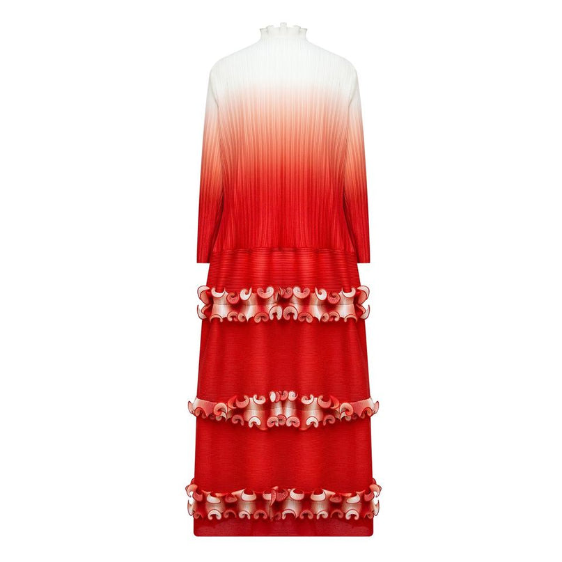 Evening Dress – Red Ombre Gradient – Ruffle Pleats – Elegant Maxi Style