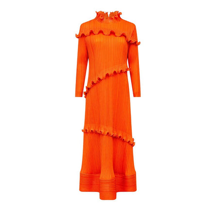 Midi Dress – Orange High Neck – Ruffle Detail – Elegant Vintage Style