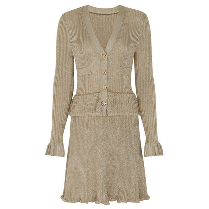 Nora Van Hoef Shimmer Knit Cardigan And Flared Mini Skirt Set