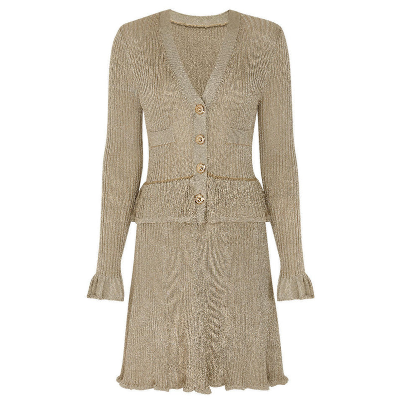 Nora Van Hoef Shimmer Knit Cardigan And Flared Mini Skirt Set