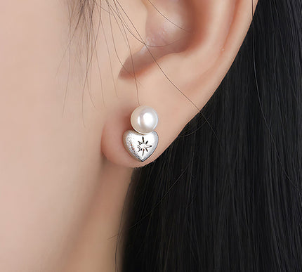 Edison Freshwater Pearl Heart Stud Earrings 925 Silver Rhodium Plated