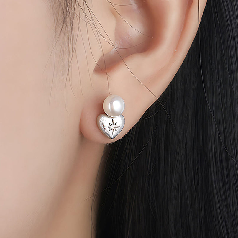 Edison Freshwater Pearl Heart Stud Earrings 925 Silver Rhodium Plated