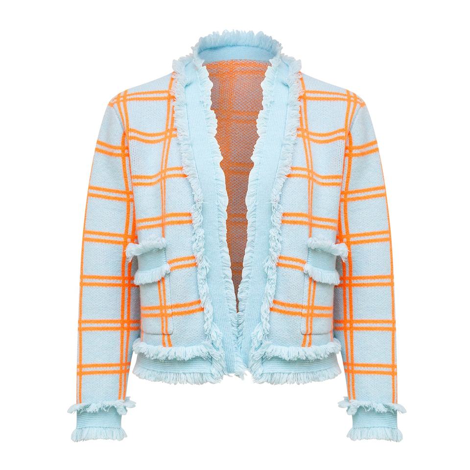 Cardigan Sweater – Plaid Knit Design – Fringe Trim – Vintage Fall Style