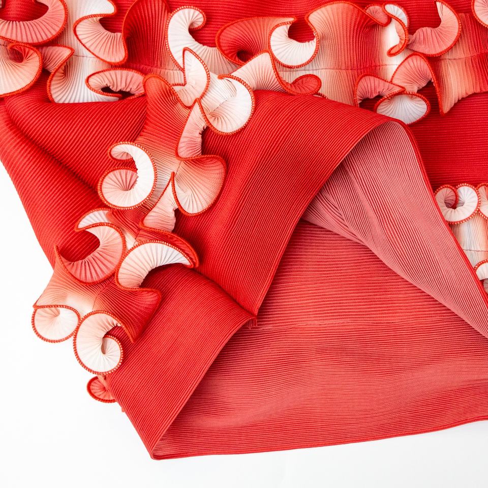 Evening Dress – Red Ombre Gradient – Ruffle Pleats – Elegant Maxi Style