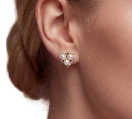 18K Gold Plated AAAA Freshwater Pearl Heart Stud Earrings