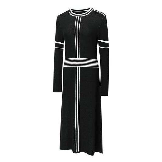 Knit Dress – Black & White Stripes – Round Neckline – Elegant Midi A-Line