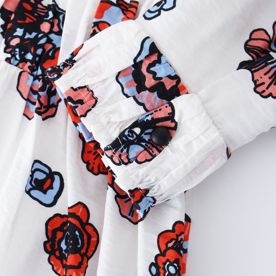 Long Dress – White Floral Print – Ruffle Detail – Elegant A-Line Style
