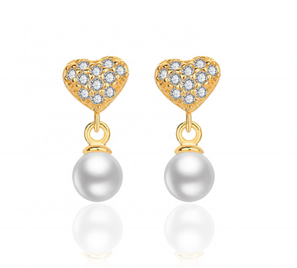 14K Gold Plated 925 Sterling Silver Zircon Freshwater Pearl Heart Earrings