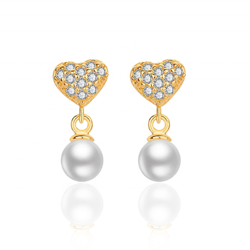 14K Gold Plated 925 Sterling Silver Zircon Freshwater Pearl Heart Earrings
