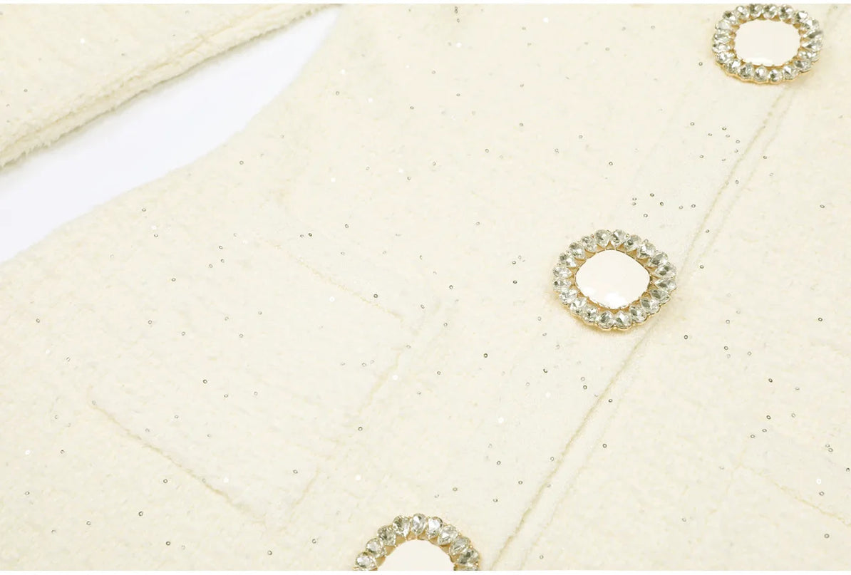 Kiara Van Hoef Embellished Button Tweed Mini Dress