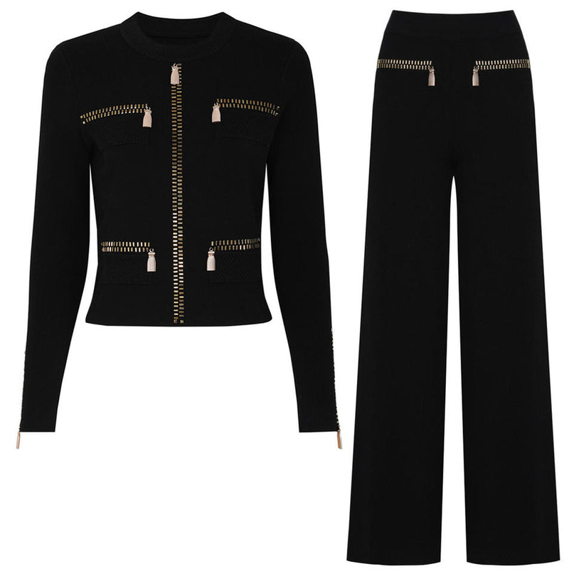 Roxanne Van Hoef Zip-Detail Knit Jacket And Wide-Leg Pants Set