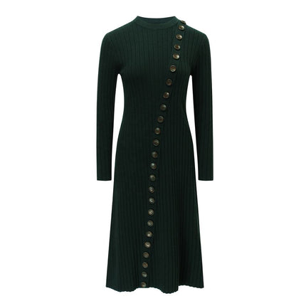 Maxi Dress – Solid Knit Design – Button Detail – Modest Vintage Style