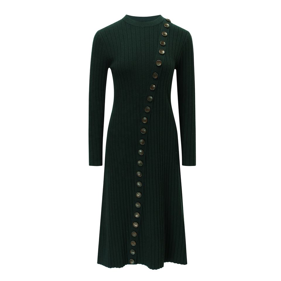 Maxi Dress – Solid Knit Design – Button Detail – Modest Vintage Style