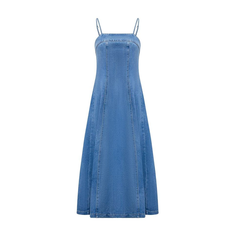 Midi Dress – Blue Denim – Spaghetti Straps – A-Line Summer Style