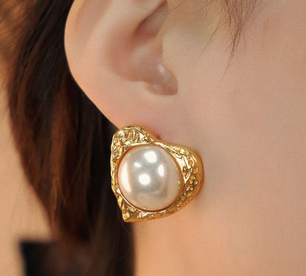 24K Gold Color Heart Freshwater Pearl Stud Earrings