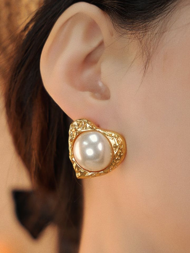 24K Gold Color Heart Freshwater Pearl Stud Earrings