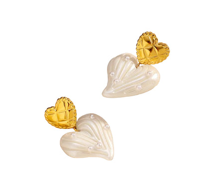 Vintage Heart Pearl Stud Earrings Gold Tone Stainless Steel