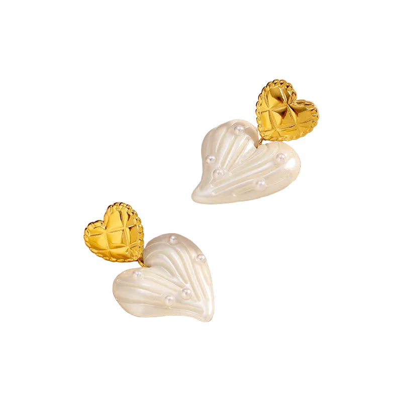 Vintage Heart Pearl Stud Earrings Gold Tone Stainless Steel