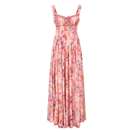 Maxi Dress – Floral Print – Pleated Cami Design – Smocked Elegant Style