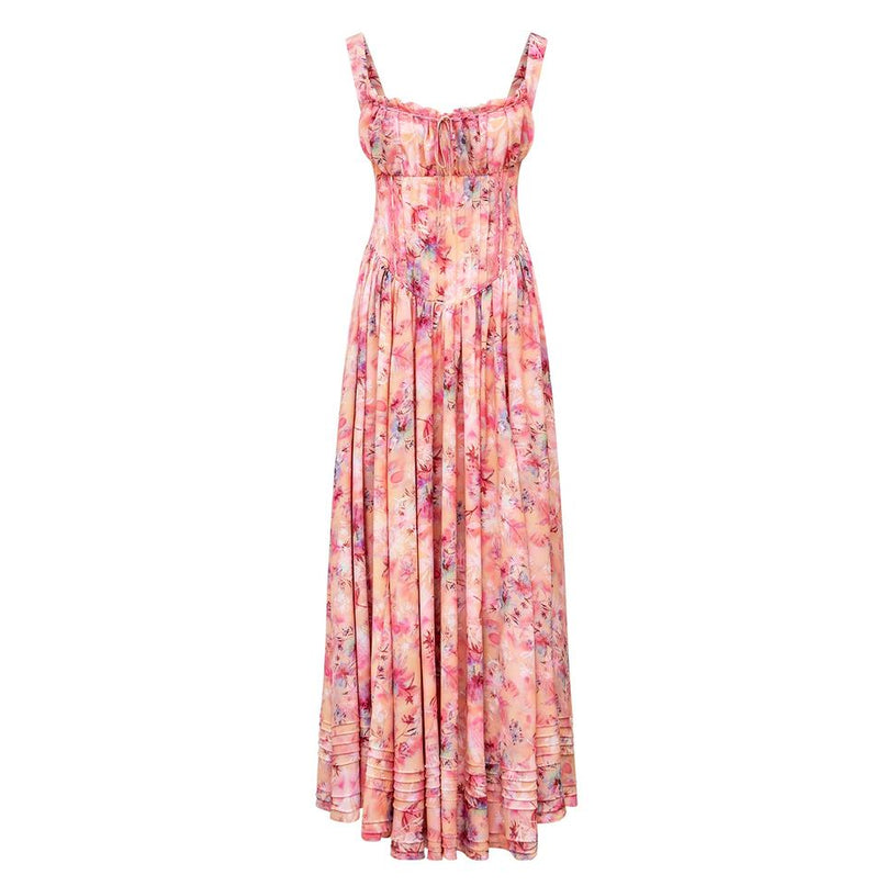 Maxi Dress – Floral Print – Pleated Cami Design – Smocked Elegant Style