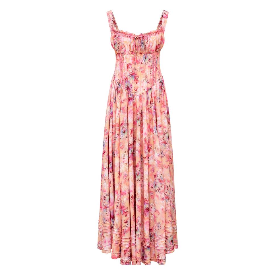 Maxi Dress – Floral Print – Pleated Cami Design – Smocked Elegant Style