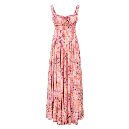Maxi Dress – Floral Print – Pleated Cami Design – Smocked Elegant Style