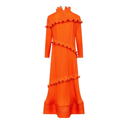 Midi Dress – Orange High Neck – Ruffle Detail – Elegant Vintage Style
