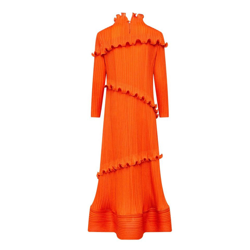 Midi Dress – Orange High Neck – Ruffle Detail – Elegant Vintage Style