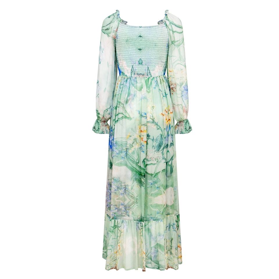 Night Dress – Silk Floral Print – Square Neckline – Elegant Pleated Style