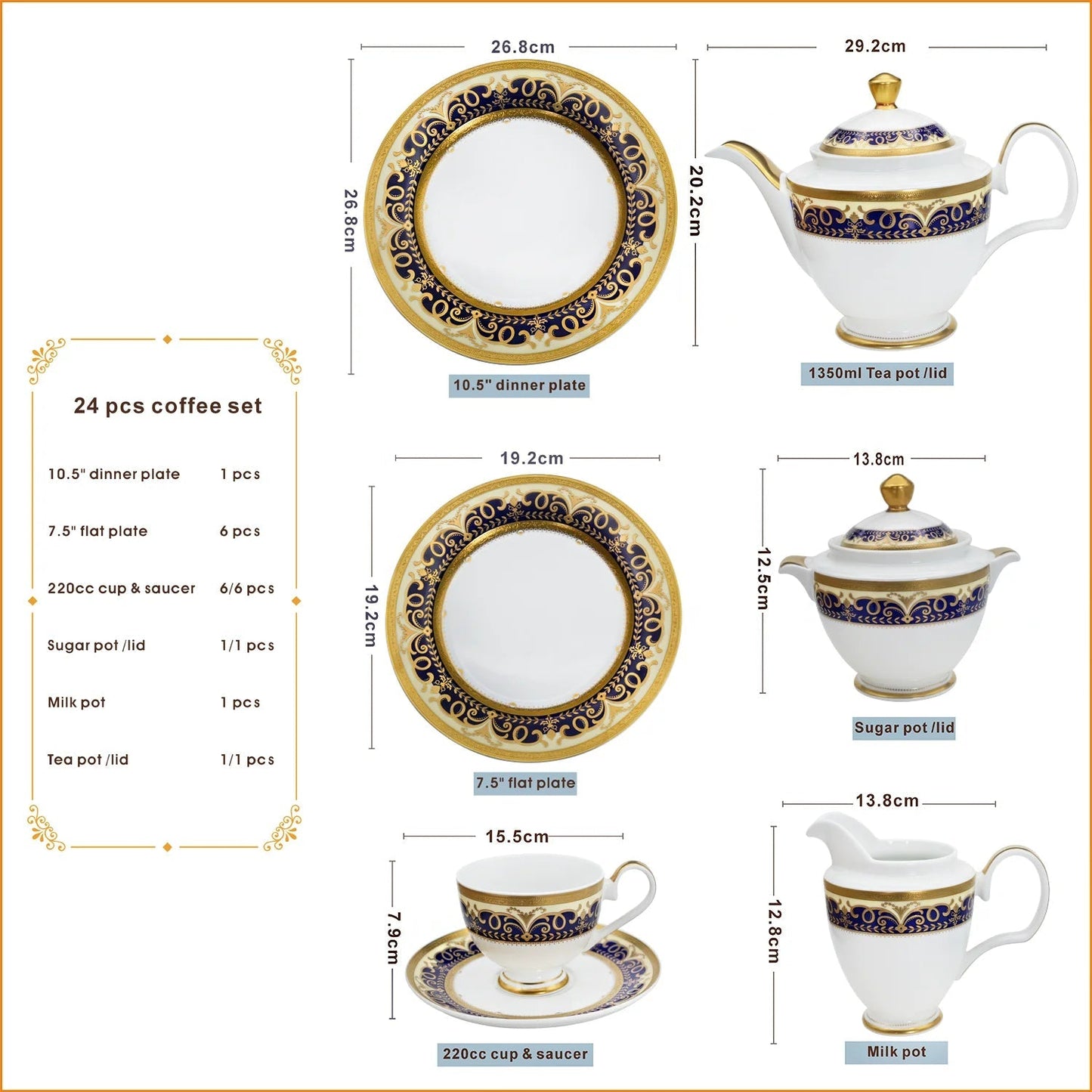 Luxury Porcelain Dinnerware & Tea Set – 24k Embossed – Service For 12 Jacqueline van Hoef