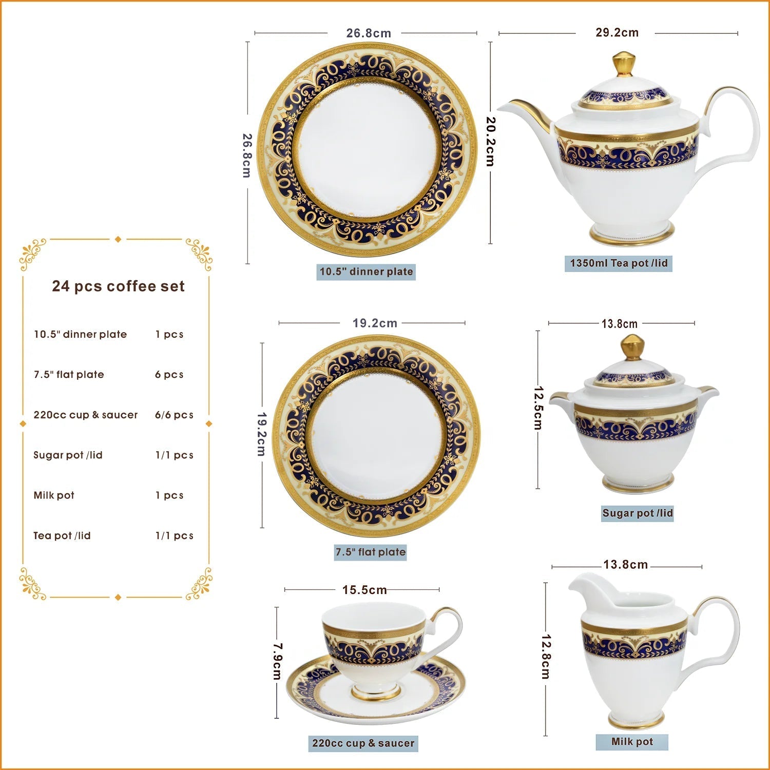 Luxury Porcelain Dinnerware & Tea Set – 24k Embossed – Service For 12 Jacqueline van Hoef