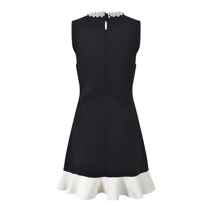 Sleek A-line Dress with Necklace Detail & Pearl Embellishment in black
