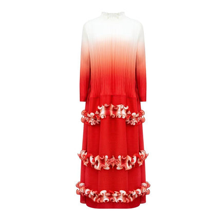 Evening Dress – Red Ombre Gradient – Ruffle Pleats – Elegant Maxi Style