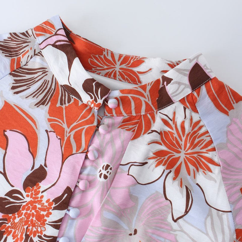 Maxi Dress – Red Floral Print – Round Neckline – Elegant A-Line Style