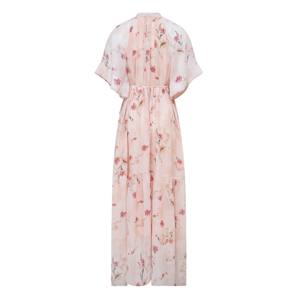 Maxi Dress – Floral Chiffon Print – O-Neck – Haute Couture Evening Style