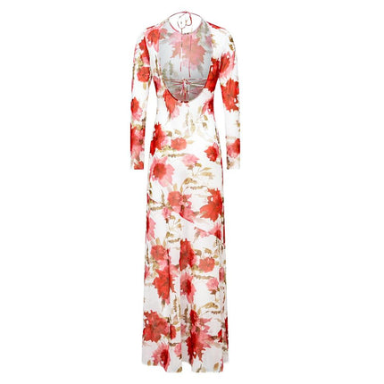 Slim Fit Dress – Backless Design – Floral Print – European Chic Style