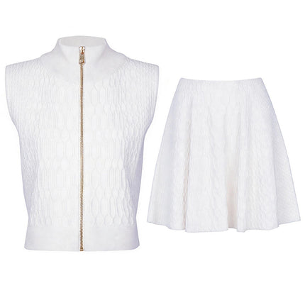 Valeria Van Hoef Textured Zip Vest And Flared Mini Skirt Set