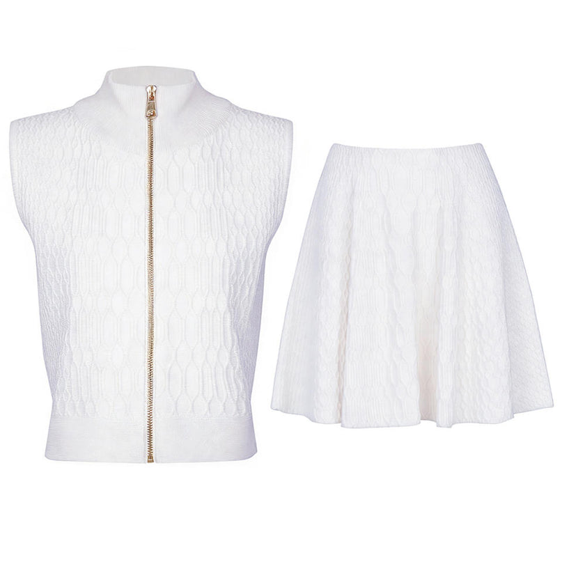 Valeria Van Hoef Textured Zip Vest And Flared Mini Skirt Set