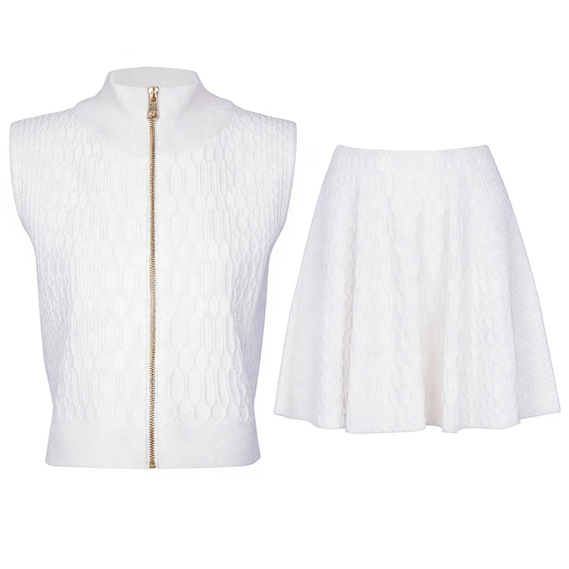 Valeria Van Hoef Textured Zip Vest And Flared Mini Skirt Set