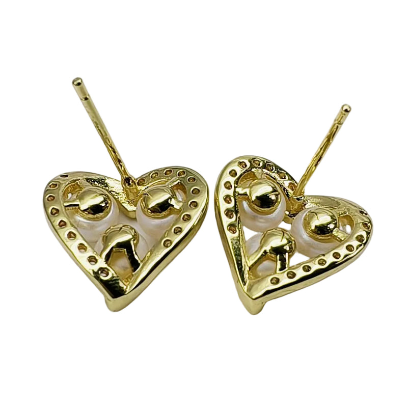 18K Gold Plated AAAA Freshwater Pearl Heart Stud Earrings