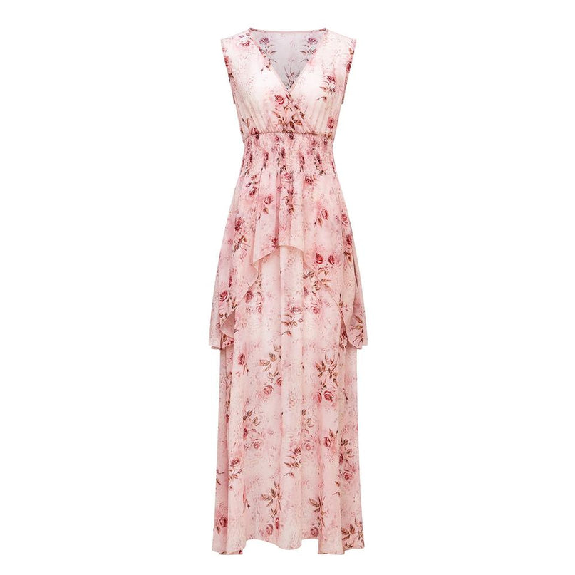 Maxi Dress – Floral Print – Sleeveless V-Neck – Elegant A-Line Style