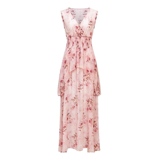 Maxi Dress – Floral Print – Sleeveless V-Neck – Elegant A-Line Style