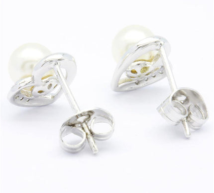 18K Gold Plated Freshwater Pearl Heart Stud Earrings With Diamond