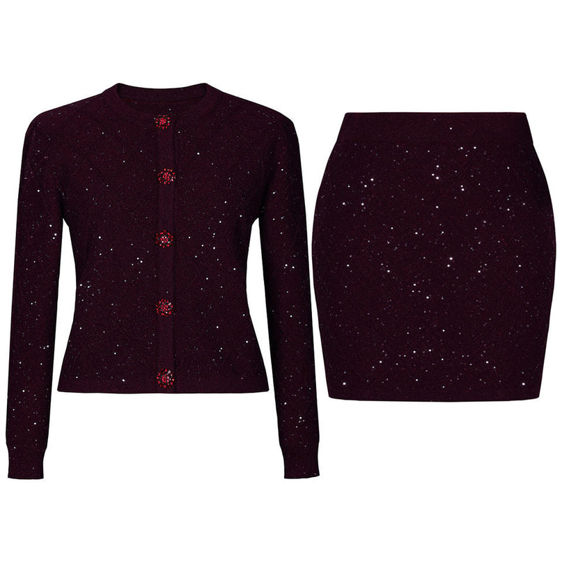 Jasmine Van Hoef Sparkle Knit Cardigan And Mini Skirt Set