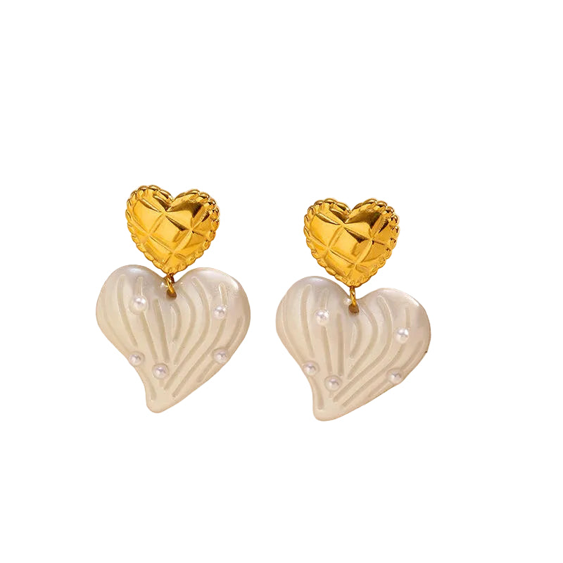 Vintage Heart Pearl Stud Earrings Gold Tone Stainless Steel