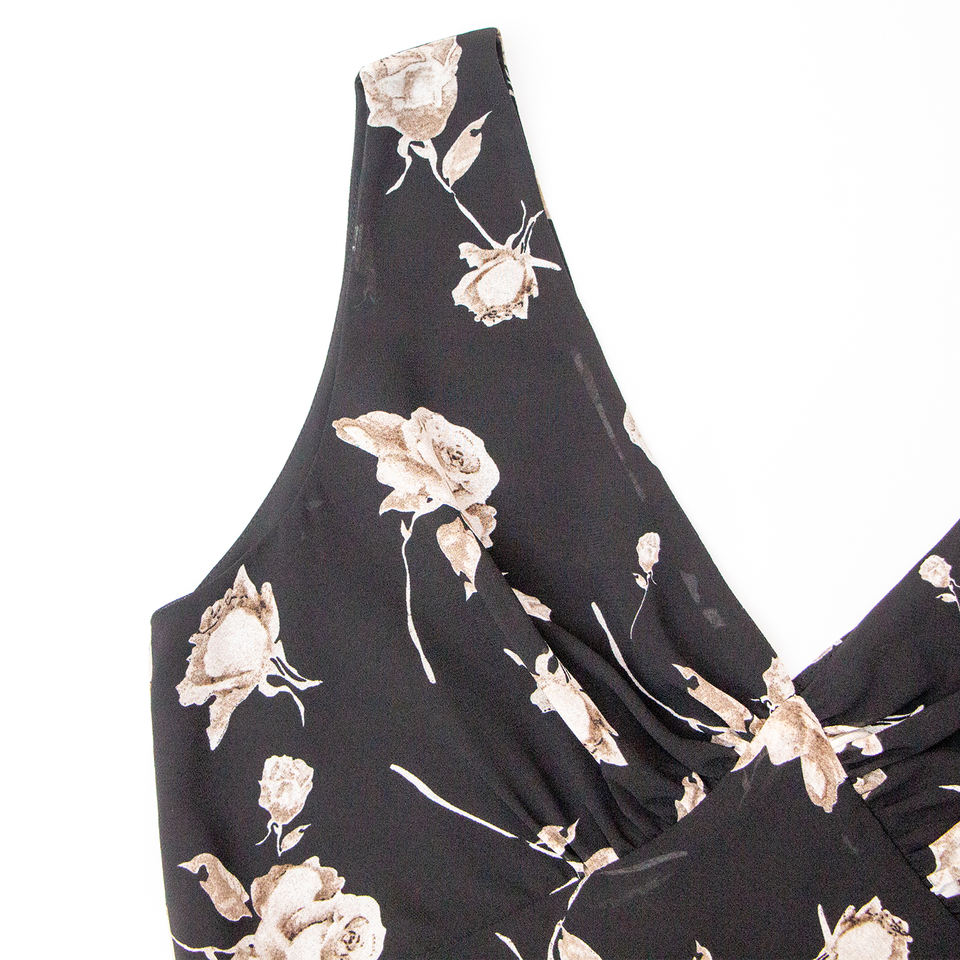Midi Dress – Black Floral Print – Sleeveless V-Neck – Chic Party Style