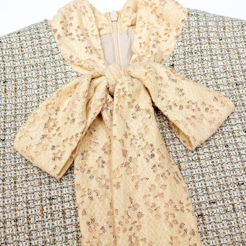Office Dress – Tweed & Chiffon Blend – Bow Neckline – Vintage Chic Midi Style